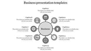 Business slide with a circular hub and spoke layout, featuring eight gray icons and captions around the center.