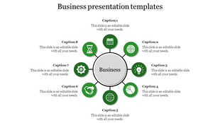 Business slide featuring a gray central circle, surrounded by eight green circular icons and corresponding captions.