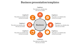 Business-themed circular infographic with eight sections, each featuring an orange icon like a gear, target, and clock.