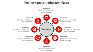 PowerPoint template with a central Business hub and eight surrounding captions and icons.