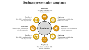 A PowerPoint template for business presentations featuring a central business icon surrounded by eight numbered captions.