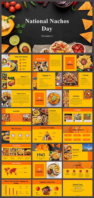 Yellow and orange slide deck showcasing nachos with various toppings, including history, activities, and timeline sections.