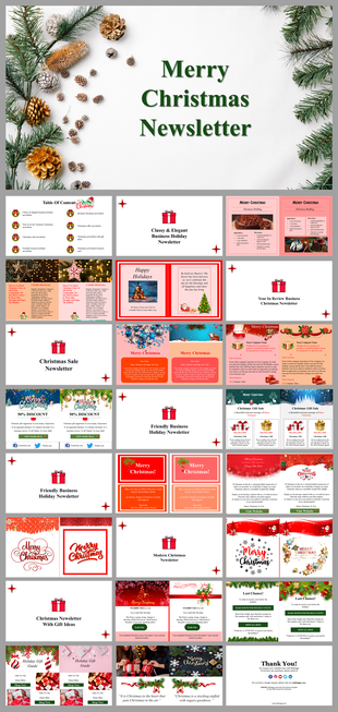 Slide deck of Christmas newsletter templates with decorative pinecones, ornaments, and themed placeholder areas. 