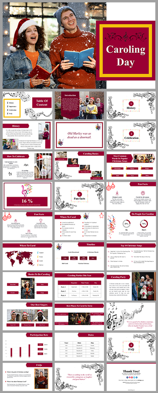 Caroling Day presentation with festive red theme, singing visuals, music notes, maps, fun facts, and popular Christmas songs.