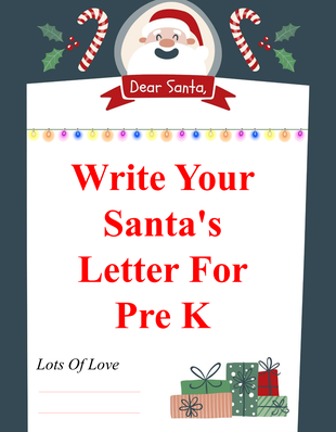 Christmas themed letter to Santa template with festive border, Santa illustration, colorful lights, and present graphics.
