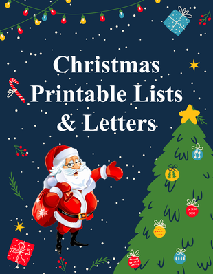 Christmas cover with Santa, decorated tree, string lights, falling snow, and gift illustrations on a dark blue background.