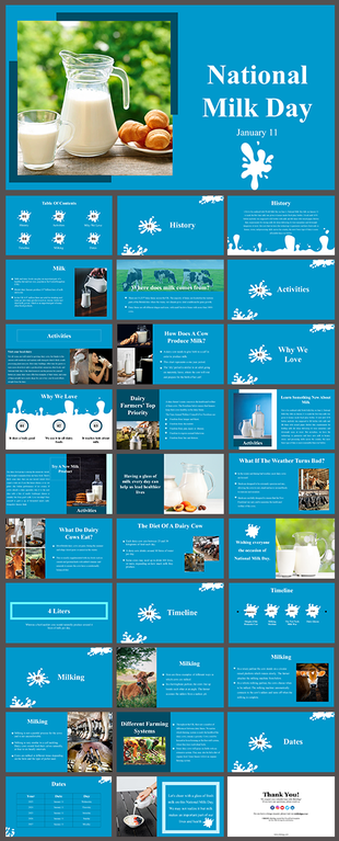Slide deck for national milk day with a blue color, covering topics like dairy farming, milk benefits, and celebration ideas.