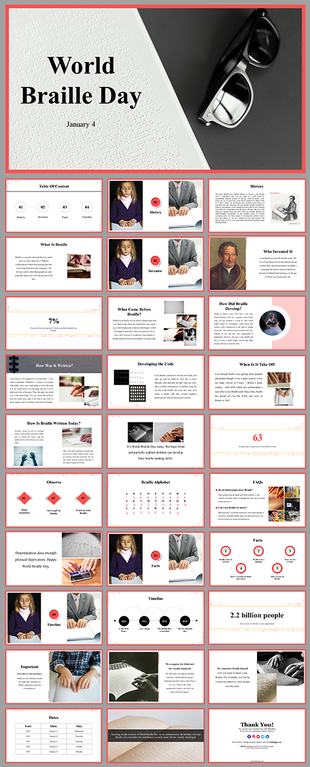 World Braille day slides with sections on history, usage, and key facts, featuring images of Braille readers.