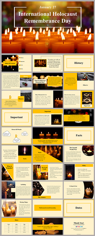Slide deck for international holocaust remembrance day with yellow tones, candlelight imagery, and sections on history.