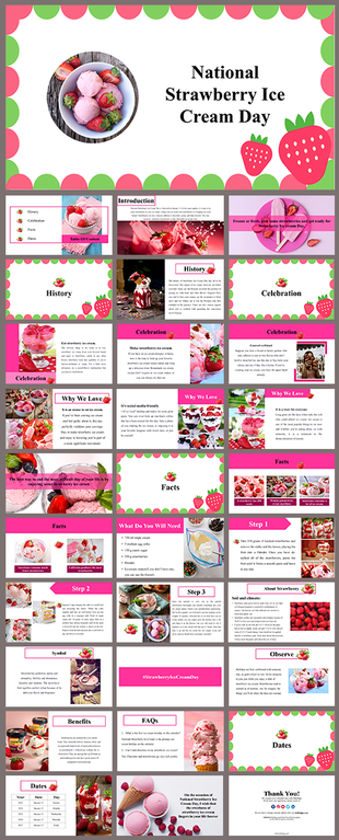 Slide deck celebrating strawberry ice cream with images, pink scalloped edges, and strawberry icons throughout.