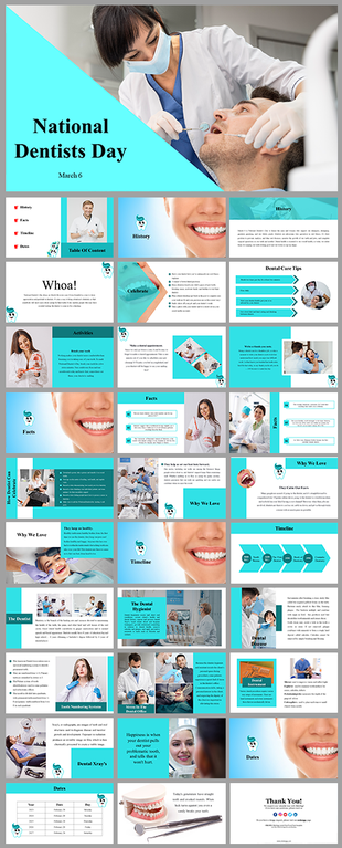 Slide deck for National Dentist's Day highlighting activities, dental care, and the importance of oral hygiene.