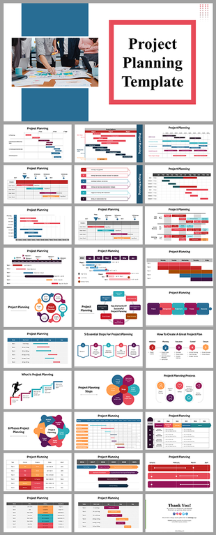 Project Planning template displaying multiple slides with charts, timelines, and process steps for structured planning.