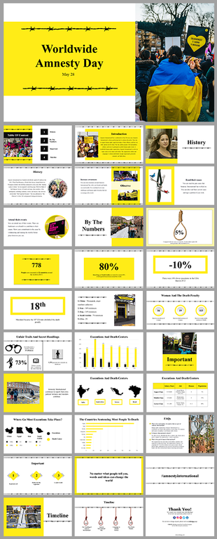Slides for Worldwide Amnesty Day, showcasing key facts, figures, and statistics related to global human rights issues.