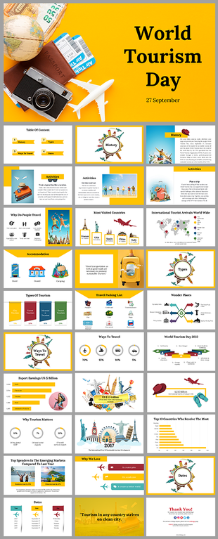 Yellow themed world tourism day slides featuring travel packing lists, top destinations, and tourist statistics worldwide.