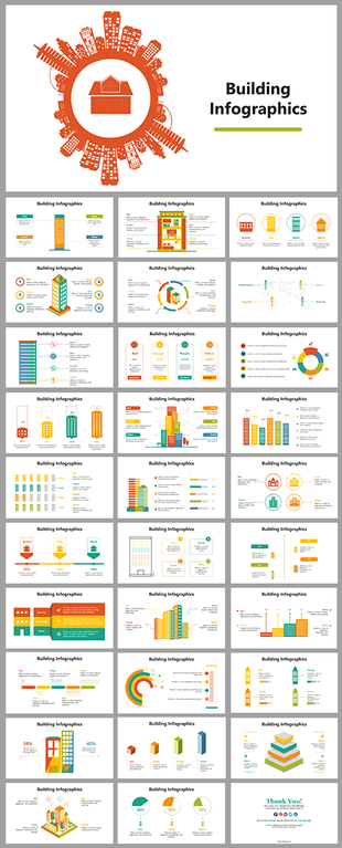 Building themed infographic slides with colorful high rise illustrations, data charts, and icons on a white background.