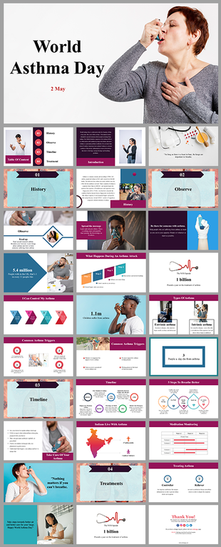 Asthma awareness slide deck highlighting causes, types, prevention, and global statistics, with blue and maroon layout.