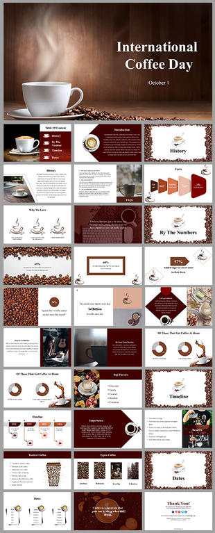Collection of coffee themed slides with brown tones, showcasing historical data, timelines, and popular facts.