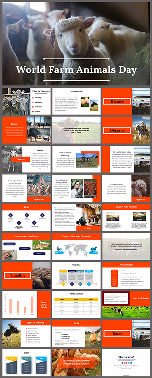 Informative slide deck for world farm animals day featuring animal care, timelines, and global celebrations.