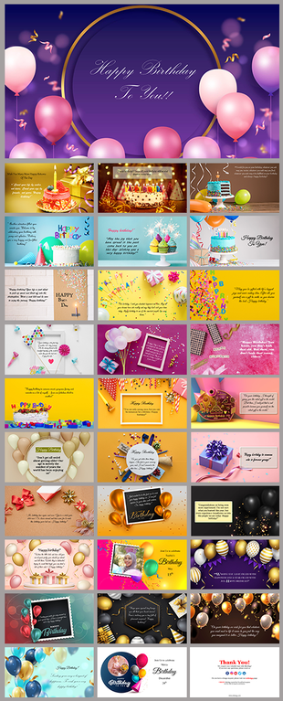 Collection of colorful Happy Birthday slides with balloons, cakes, confetti, and festive decorations.