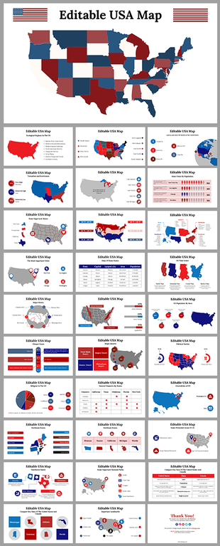 Detailed slide deck showcasing colourful maps of the USA alongside data-driven visual elements.