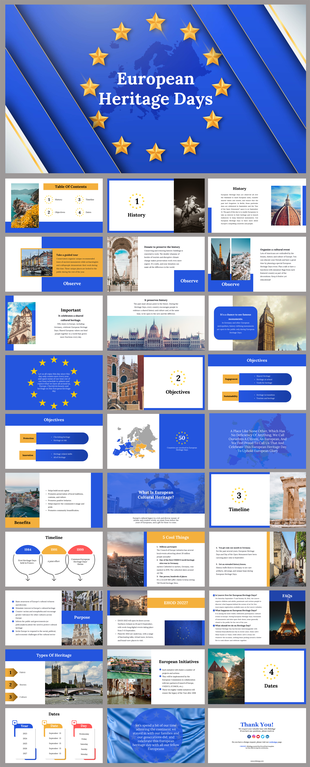 Slide deck for European heritage days, featuring sections on cultural preservation, key dates, types, and interactive events.