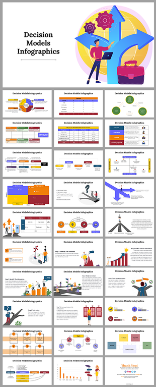 Decision models infographics slide deck with an illustration pointing at large arrows and gears, symbolizing paths.