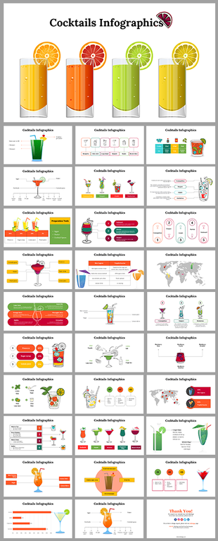 Colorful cocktail themed infographic slides with visual recipes, ingredient breakdowns, and global popularity map with icons.
