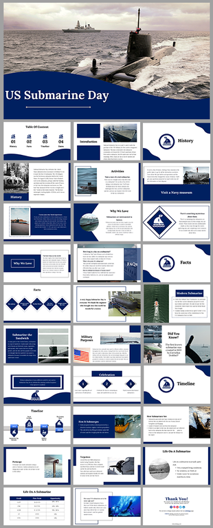 US Submarine Day presentation with navy theme, submarine images, history, facts, timeline, and life aboard segments.