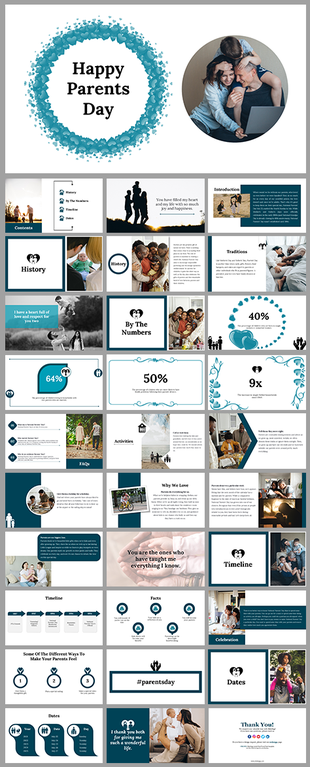 A colorful PowerPoint slides celebrating Happy Parents day with a joyful family image and a blue heart shaped design.
