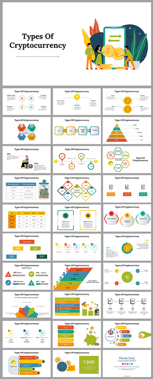 Collection of slides showcasing various types of cryptocurrency with visuals like icons, infographics, and tables.