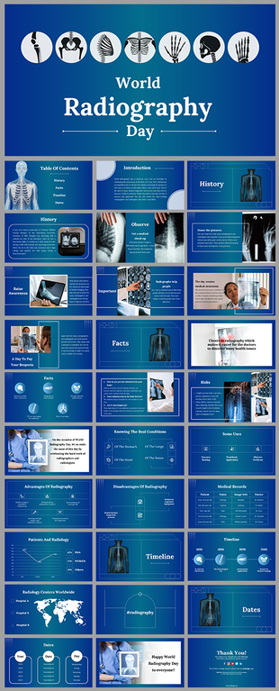 Blue themed radiography slides with icons of body parts, x-ray visuals, and charts explaining the importance and history.