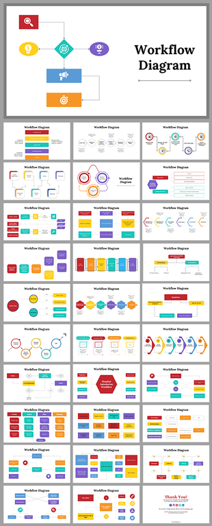 Slide deck featuring workflow templates with circular, linear, and hierarchical diagrams using bright color coded blocks.