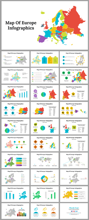 European map infographic slide deck with elements including pie charts, bar graphs, and icons.