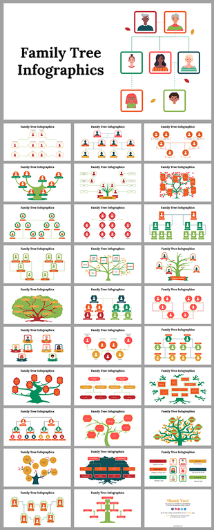 Slide deck featuring family tree visuals in flat and tree-shaped formats with avatars, lines, and relationship labels.