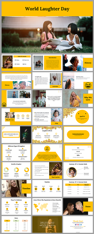 World laughter day slide deck featuring vibrant yellow accents and images of people laughing.