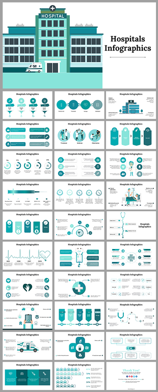 Slide deck showcasing hospital infographics, featuring teal icons and graphics of healthcare, equipment, and statistics.