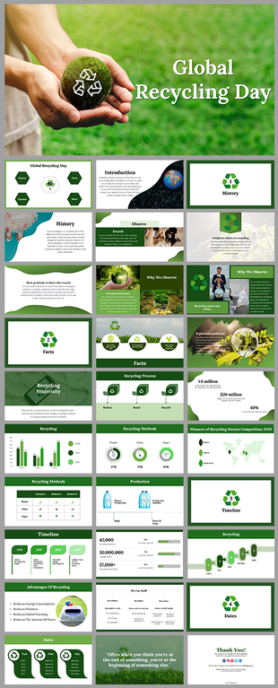 Global recycling day with a recycling icon on a grassy sphere held in cupped hands over a blurred green background.