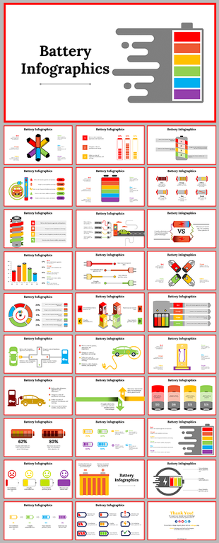 Slide deck with diverse battery infographics, including battery charge levels, comparisons, and energy consumption visuals.