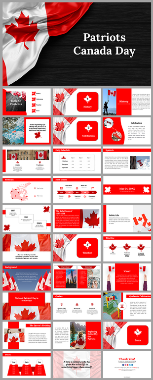 Colorful slides showing the history, celebrations, and national pride of Patriots Canada Day, with flags and key event dates.