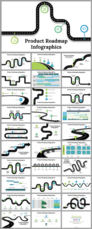 Product roadmap infographic deck with winding road graphics, milestone icons, arrows, and timeline style layout variations.