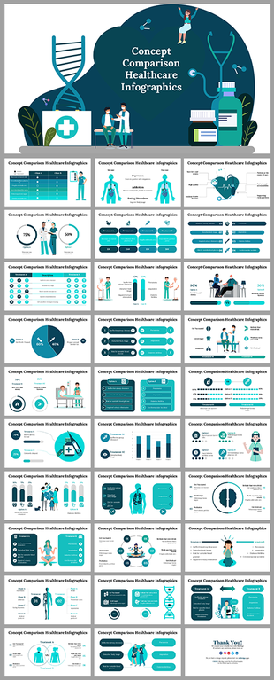 Set of slide deck in blue and white theme showcasing healthcare concepts with medical icons and comparison visuals.