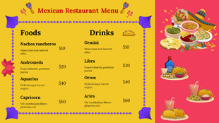 Mexican restaurant menu featuring a colorful design with food and drink items listed with a traditional Mexican dishes.