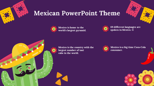 Mexican themed PowerPoint slide with a cactus wearing a sombrero and fun festive decorations on a purple backdrop.