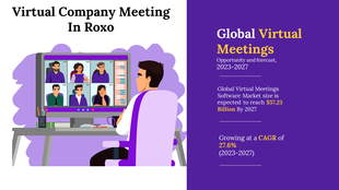 Purple themed virtual meeting on a computer screen with six participants, a person seated at a desk, and text on the right.
