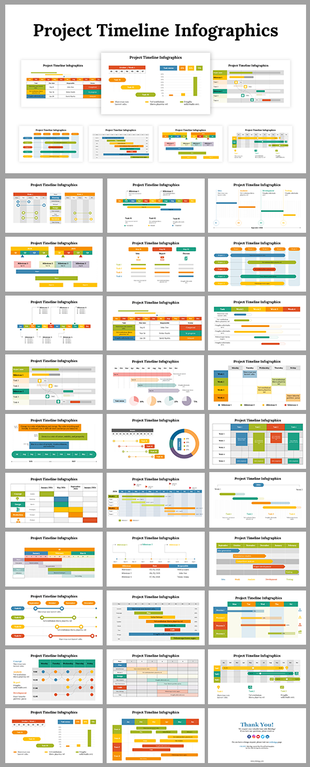 Collection of colorful project timeline infographic slides with various layouts and designs.