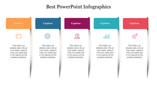 Slide featuring five vertical text boxes with colored headers in yellow, blue, purple, teal, and orange, each with icons.