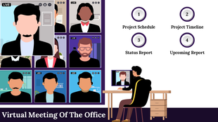 Illustration of a virtual office meeting with employees in video call boxes discussing project topics.