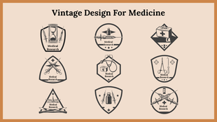 Vintage medical research badges, each featuring different medical symbols like syringes, stethoscopes, and a first aid kit.