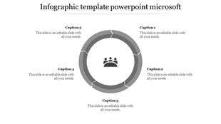 Grey circular infographic with five segmented parts surrounding a central icon of three people, with text labels.