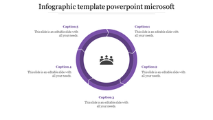 Microsoft infographic PPT template with five purple circular segments and a people icon in the center with captions.